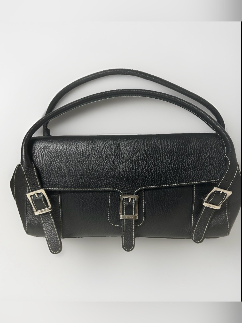 Italian VTG Black Pebbled Leather East 2 West Baguette Bag Y2K Indie sleek Boho
